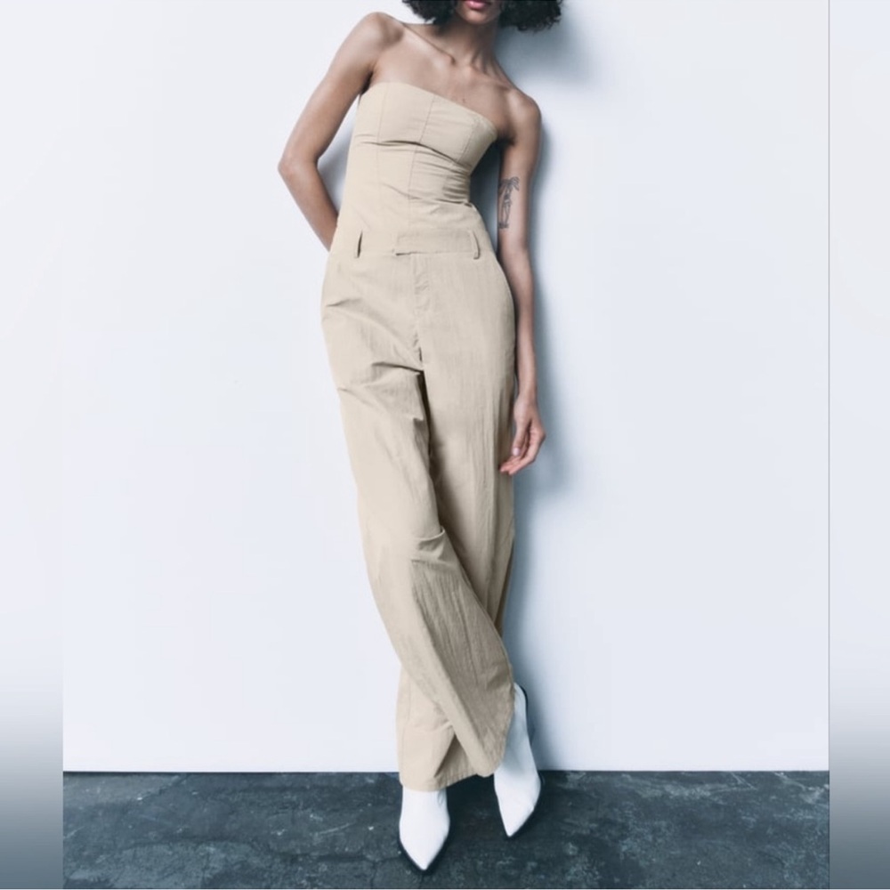 NWT  ZARA Beige Khaki Nylon CARGO LONG STRAPLESS JUMPSUIT